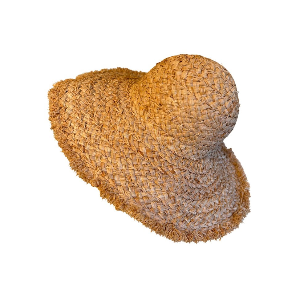 Raffia Sun Hat Natural Tan Wide‎ Brim Frayed Edge MZ1010009 Boho Summer